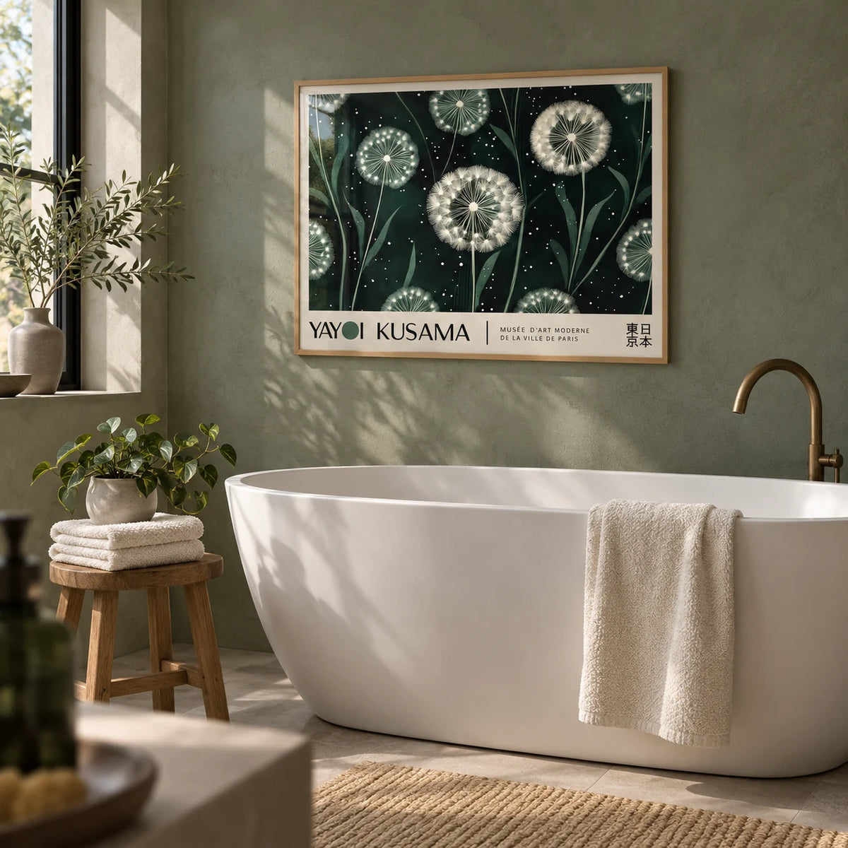 Horizontal Posters, framed on the wall of a calm modern bathroom with a sage green plaster wall