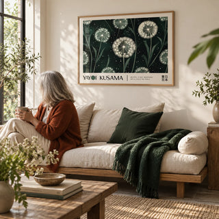 Horizontal Posters, framed on the wall of a calm reading nook in a garden room with a warm white wall in a living room