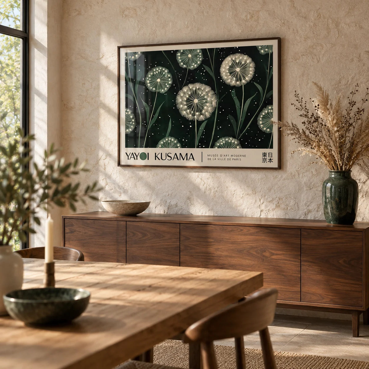 Horizontal Posters, framed on the wall of a quiet dining room with a soft stone wall