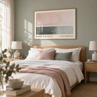 Horizontal Wall Decor, framed on the wall of a calm bedroom with a pale grey-green painted wall