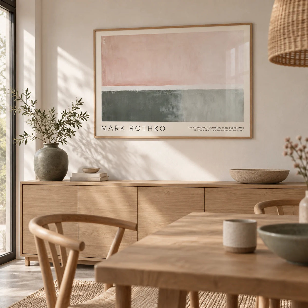 Horizontal Wall Decor, framed on the wall of a calm Japandi dining room with a warm white wall