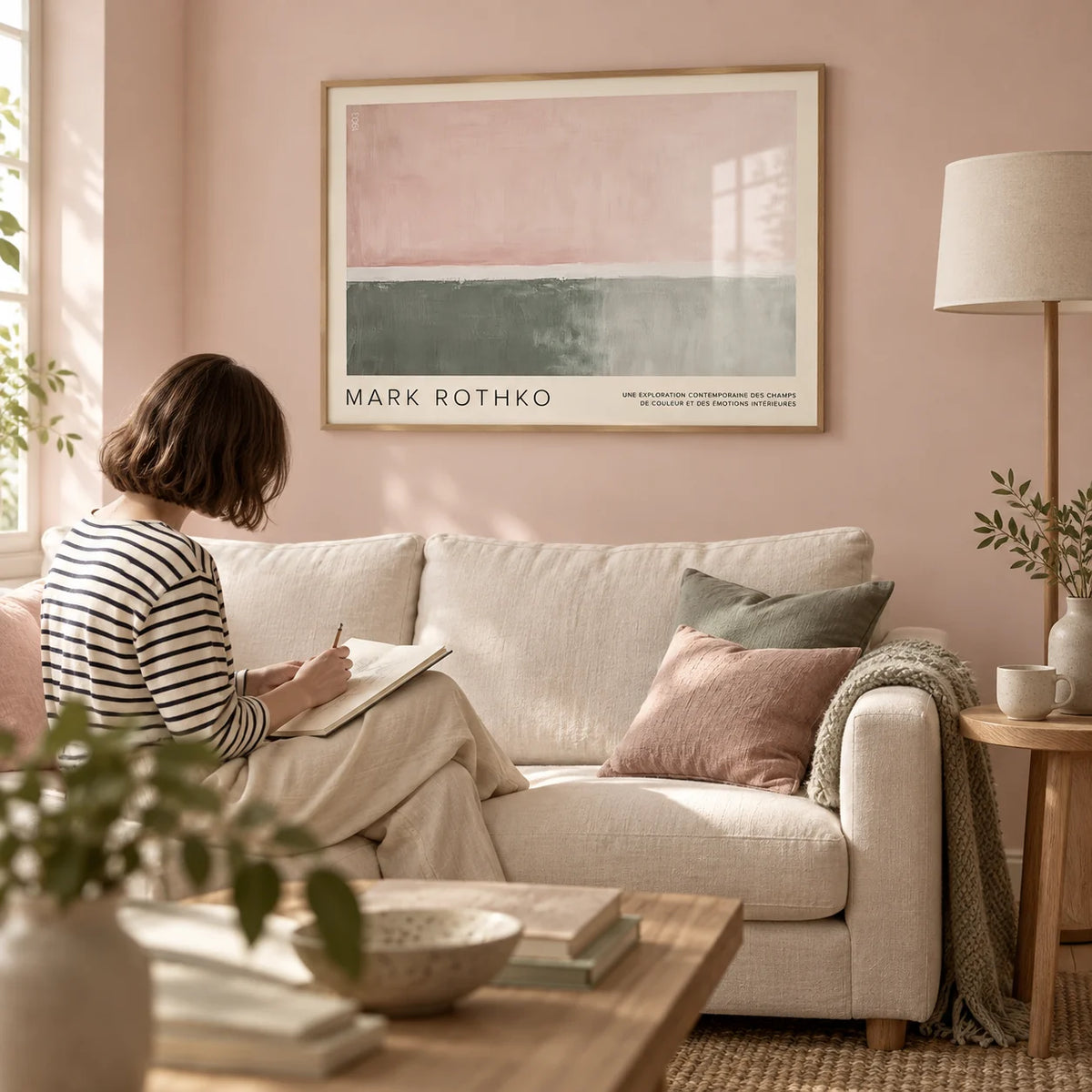 Horizontal Wall Decor, framed on the wall of a quiet reading room with a soft blush pink wall in a living room