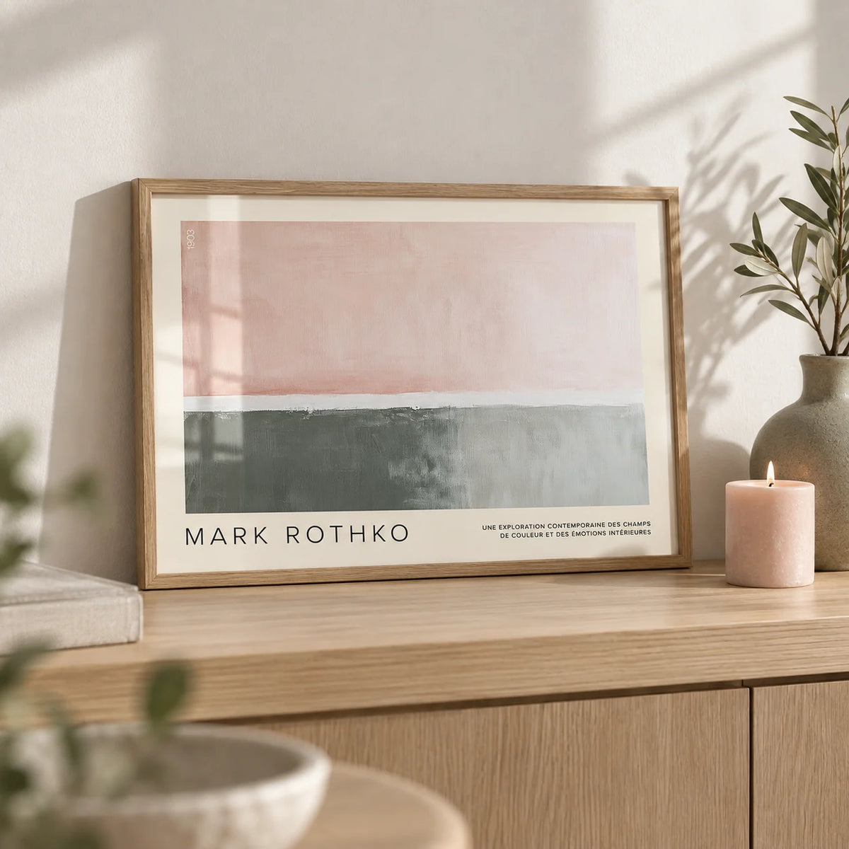 Horizontal Wall Decor, a small A4 framed print leaning on a pale oak shelf in a living room