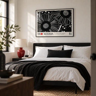Horizontal Wall Hanging, framed on the wall of a calm modern bedroom with a soft white wall