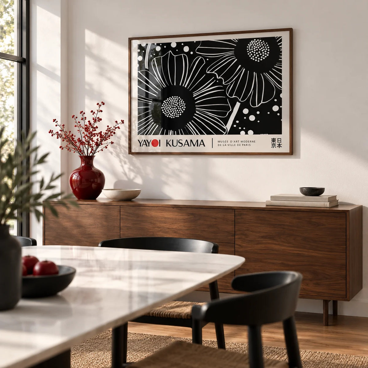 Horizontal Wall Hanging, framed on the wall of a modern dining room with a white wall