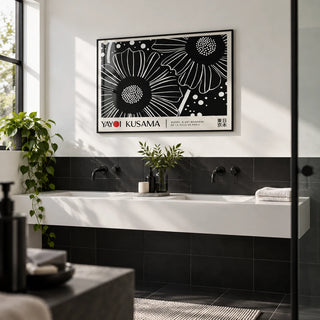 Horizontal Wall Hanging, framed on the wall of a modern monochrome bathroom with a white wall and plain black tiles below
