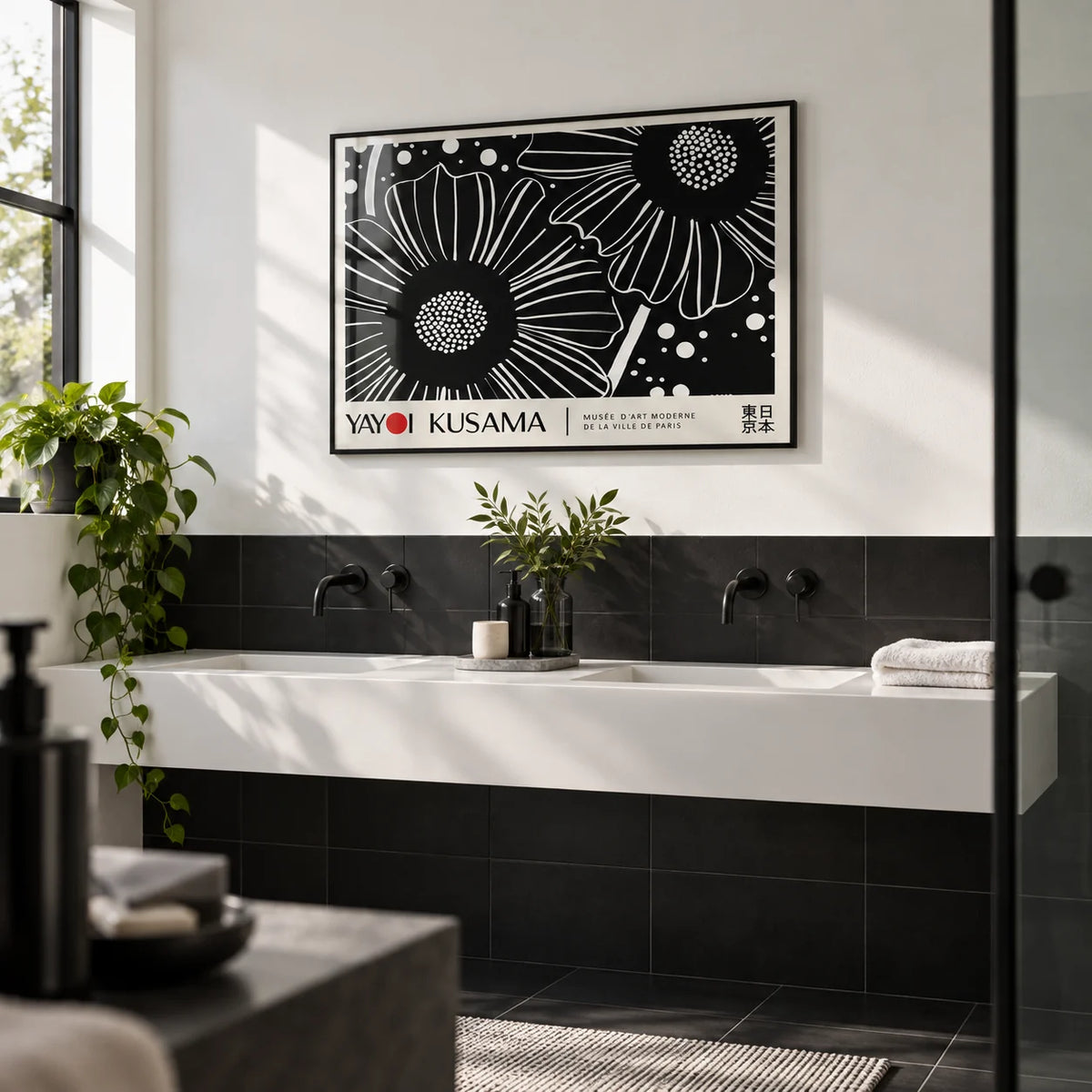 Horizontal Wall Hanging, framed on the wall of a modern monochrome bathroom with a white wall and plain black tiles below