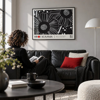 Horizontal Wall Hanging, framed on the wall of a monochrome living room with a pale grey wall