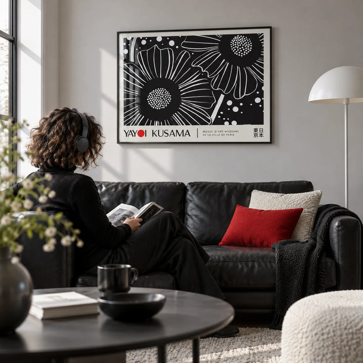 Horizontal Wall Hanging, framed on the wall of a monochrome living room with a pale grey wall