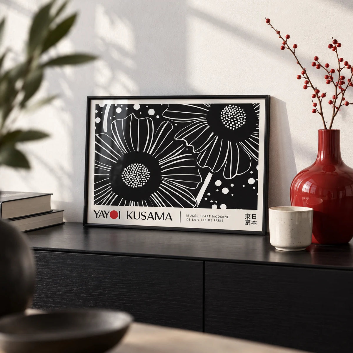 Horizontal Wall Hanging, a small A4 framed print leaning on a black sideboard in a living room
