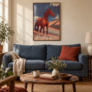 Horse Line Art, framed on the wall of a characterful living room in a UK Victorian terrace with warm cream plaster walls and oak floorboards
