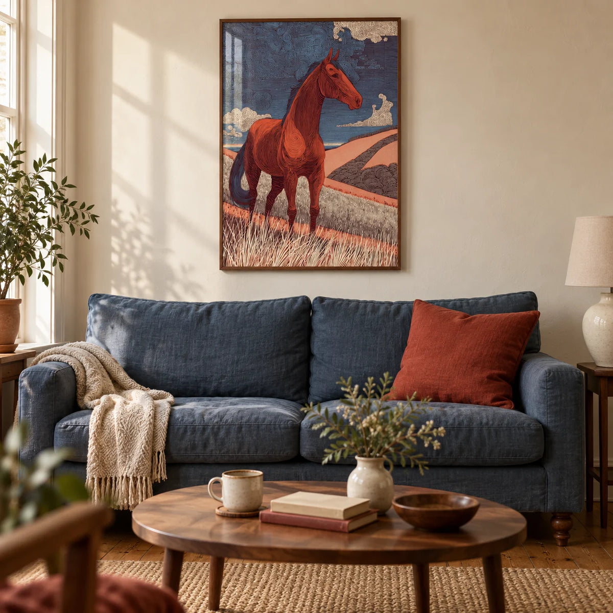 Horse Line Art, framed on the wall of a characterful living room in a UK Victorian terrace with warm cream plaster walls and oak floorboards