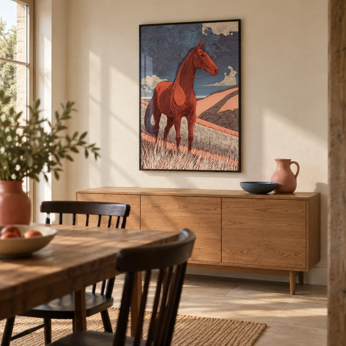 Horse Line Art, framed on the wall of a modern country dining room in a UK home with warm cream walls and a plain stone floor