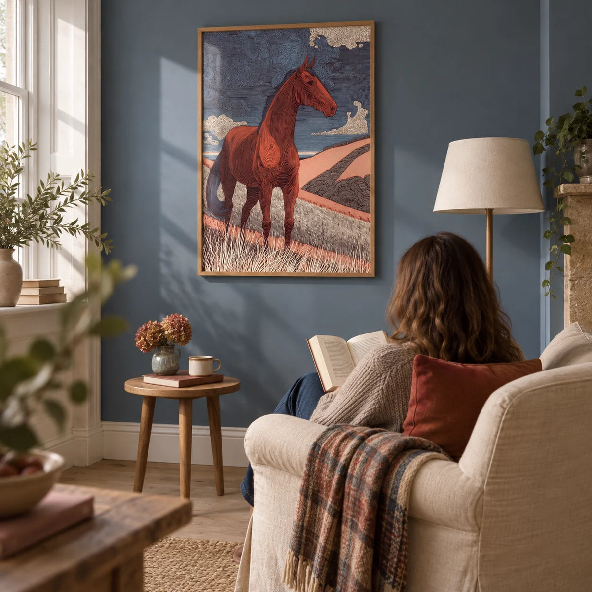 Horse Line Art, framed on the wall of a quiet reading corner in a UK country house with a muted slate-blue wall and pale oak floorboards in a living room