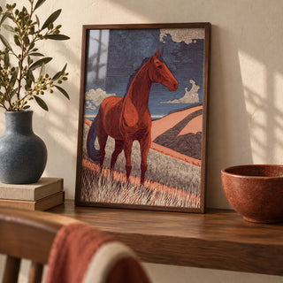 Horse Line Art, a small A4 framed print leaning on a walnut shelf in a living room