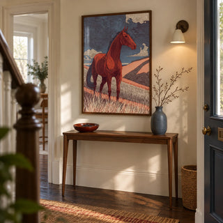 Horse Line Art, framed on the wall of a welcoming hallway in a UK terraced house with cream walls and a dark timber floor