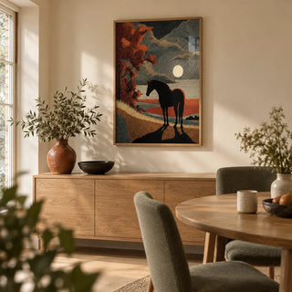Horse Silhouette Art, framed on the wall of a contemporary dining room in a UK country home with a warm cream wall and an uncluttered oak floor