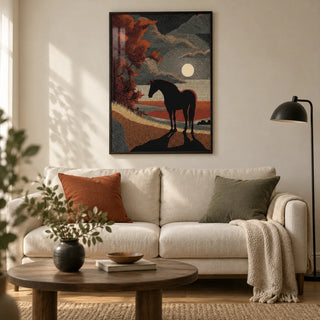Horse Silhouette Art, framed on the wall of a contemporary living room in a UK terraced house with warm off-white plaster walls and oak floorboards