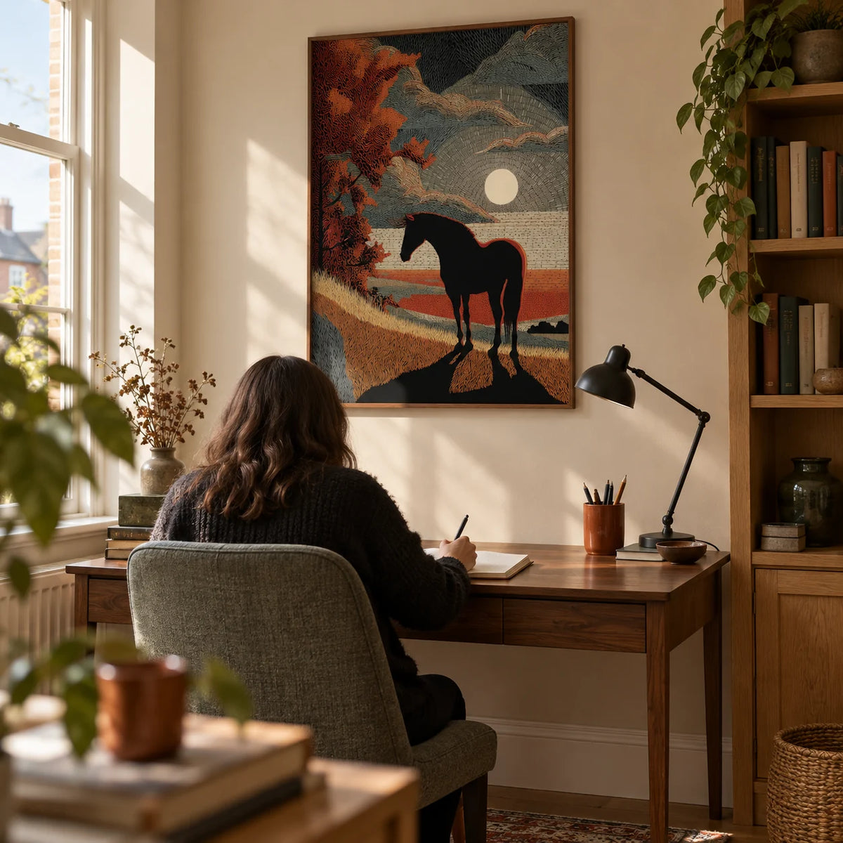 Horse Silhouette Art, framed on the wall of a quiet home study in a UK semi-detached house with a warm cream wall and a fitted oak bookshelf off to one side
