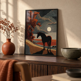 Horse Silhouette Art, a small A4 framed print leaning on a dark oak side table in a hallway