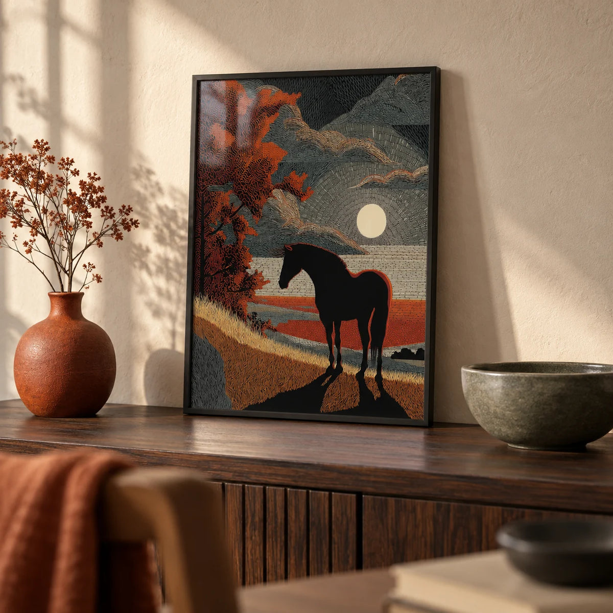 Horse Silhouette Art, a small A4 framed print leaning on a dark oak side table in a hallway