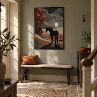 Horse Silhouette Art, framed on the wall of a welcoming hallway in a UK village home with a muted grey-green wall and warm stone flooring