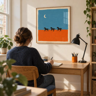 Horse Silhouette Wall Art, framed on the wall of a bright home study in a UK flat with a warm white wall and a simple oak desk