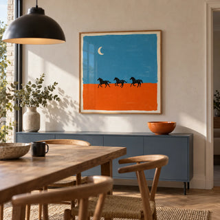 Horse Silhouette Wall Art, framed on the wall of a modern dining room in a renovated UK semi with a pale plaster wall and simple oak chairs