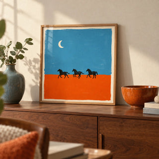 Horse Silhouette Wall Art, a small A4 framed print leaning on a walnut sideboard in a living room