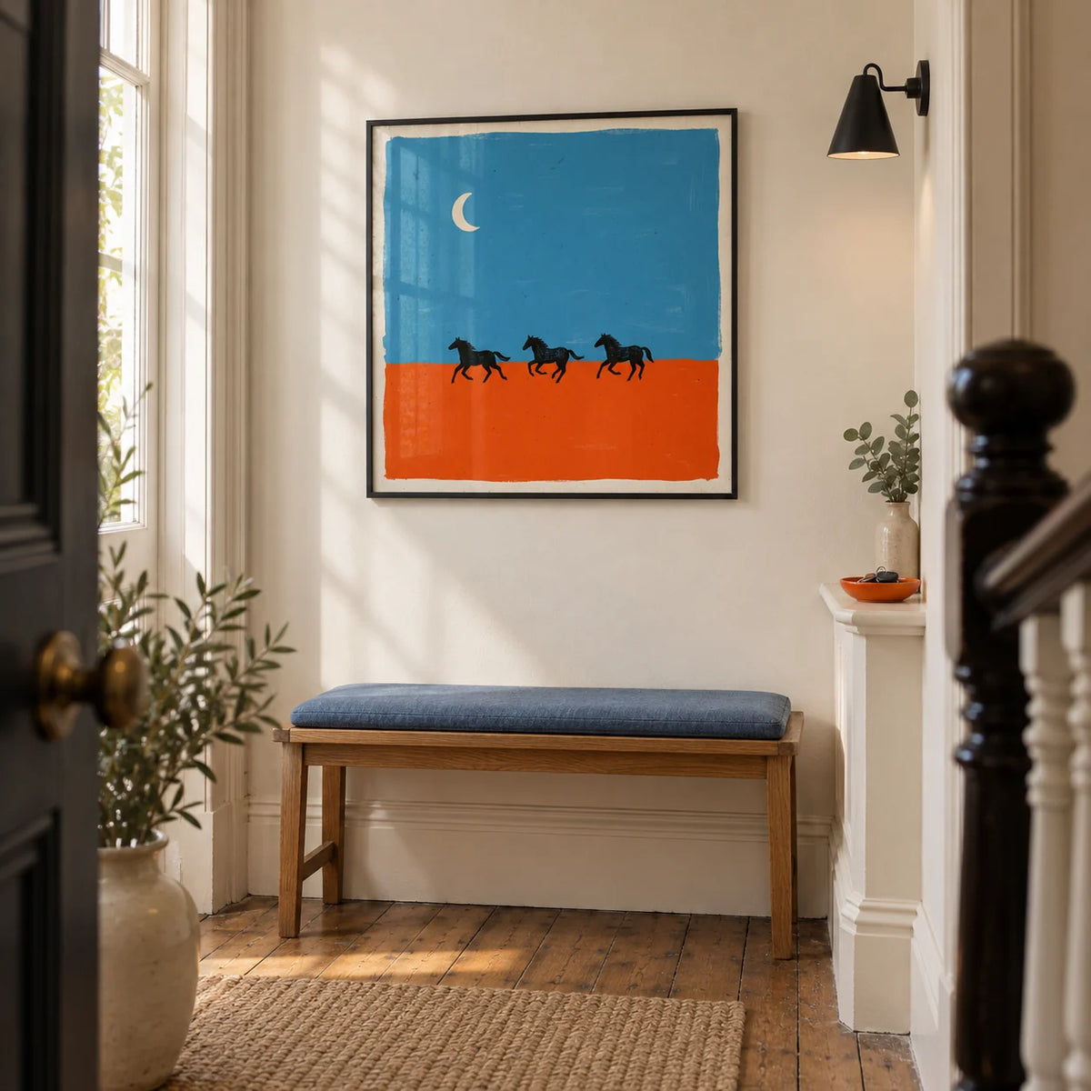Horse Silhouette Wall Art, framed on the wall of a welcoming hallway in a Victorian terrace with cream walls
