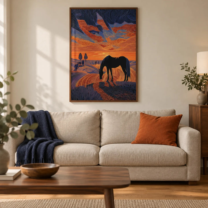 Horse Sunset Art Print, framed on the wall of a contemporary living room in a UK terraced house with warm off-white walls