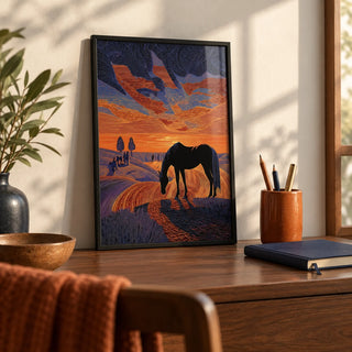 Horse Sunset Art Print, a small A4 framed print leaning on a walnut writing desk