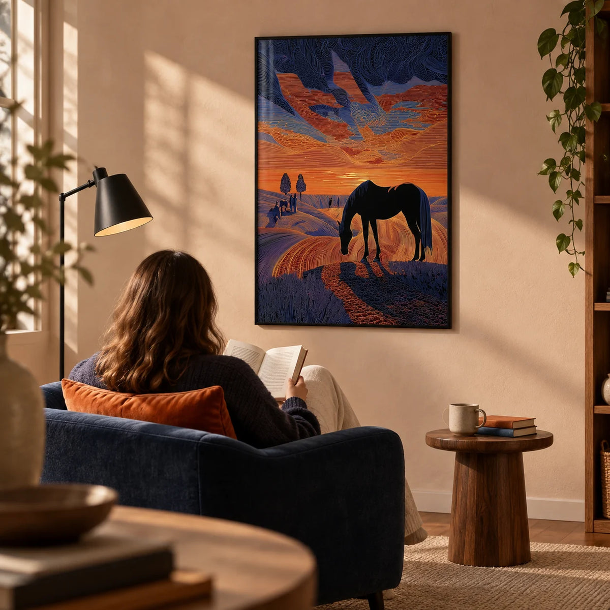 Horse Sunset Art Print, framed on the wall of a warm contemporary reading corner with a pale clay wall and a plain natural wool rug in a living room
