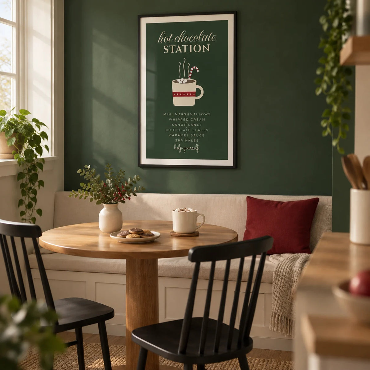 Hot Chocolate Station Print, framed on the wall of a compact breakfast nook in a first flat for a couple aged 25-35 in a kitchen
