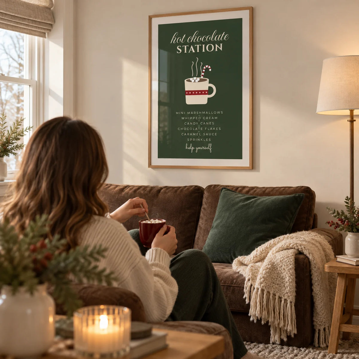 Hot Chocolate Station Print, framed on the wall of a cosy living room in a UK family home with warm white walls and a chocolate brown sofa