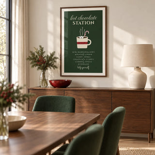 Hot Chocolate Station Print, framed on the wall of a warm modern dining room with a cream wall