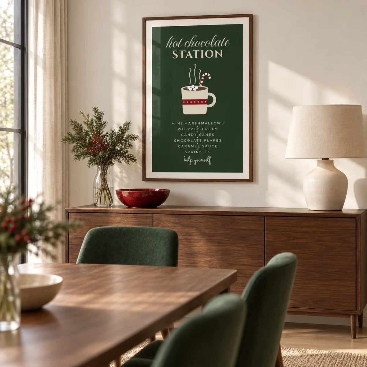Hot Chocolate Station Print, framed on the wall of a warm modern dining room with a cream wall