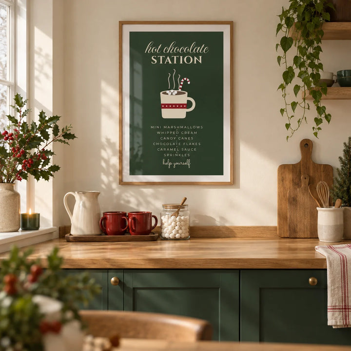 Hot Chocolate Station Print, framed on the wall of a welcoming kitchen in a UK terraced home with cream walls
