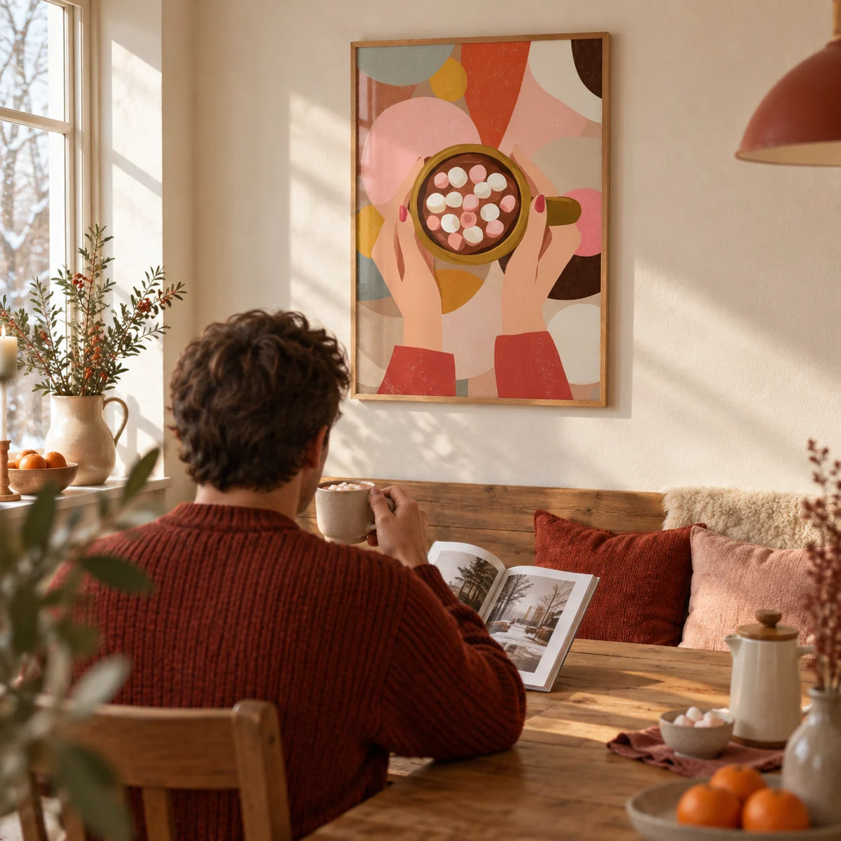 Hot Chocolate Wall Art, framed on the wall of a cosy kitchen table on a winter morning with a cream wall