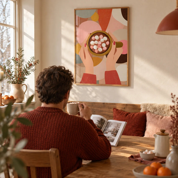 Hot Chocolate Wall Art, framed on the wall of a cosy kitchen table on a winter morning with a cream wall