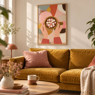 Hot Chocolate Wall Art, framed on the wall of a cosy living room with a warm white wall