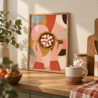 Hot Chocolate Wall Art, a small A4 framed print leaning on an oak worktop in a kitchen