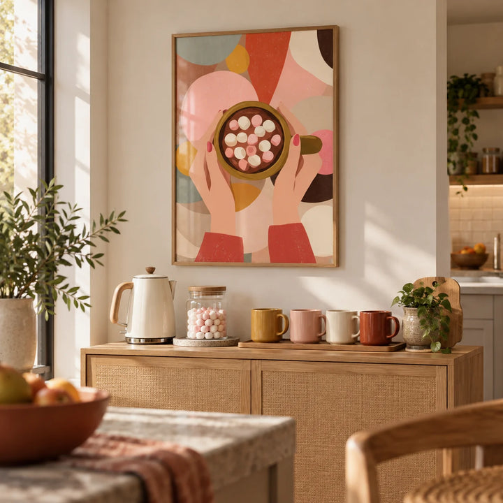 Hot Chocolate Wall Art, framed on the wall of a small hot drinks corner in an open-plan kitchen