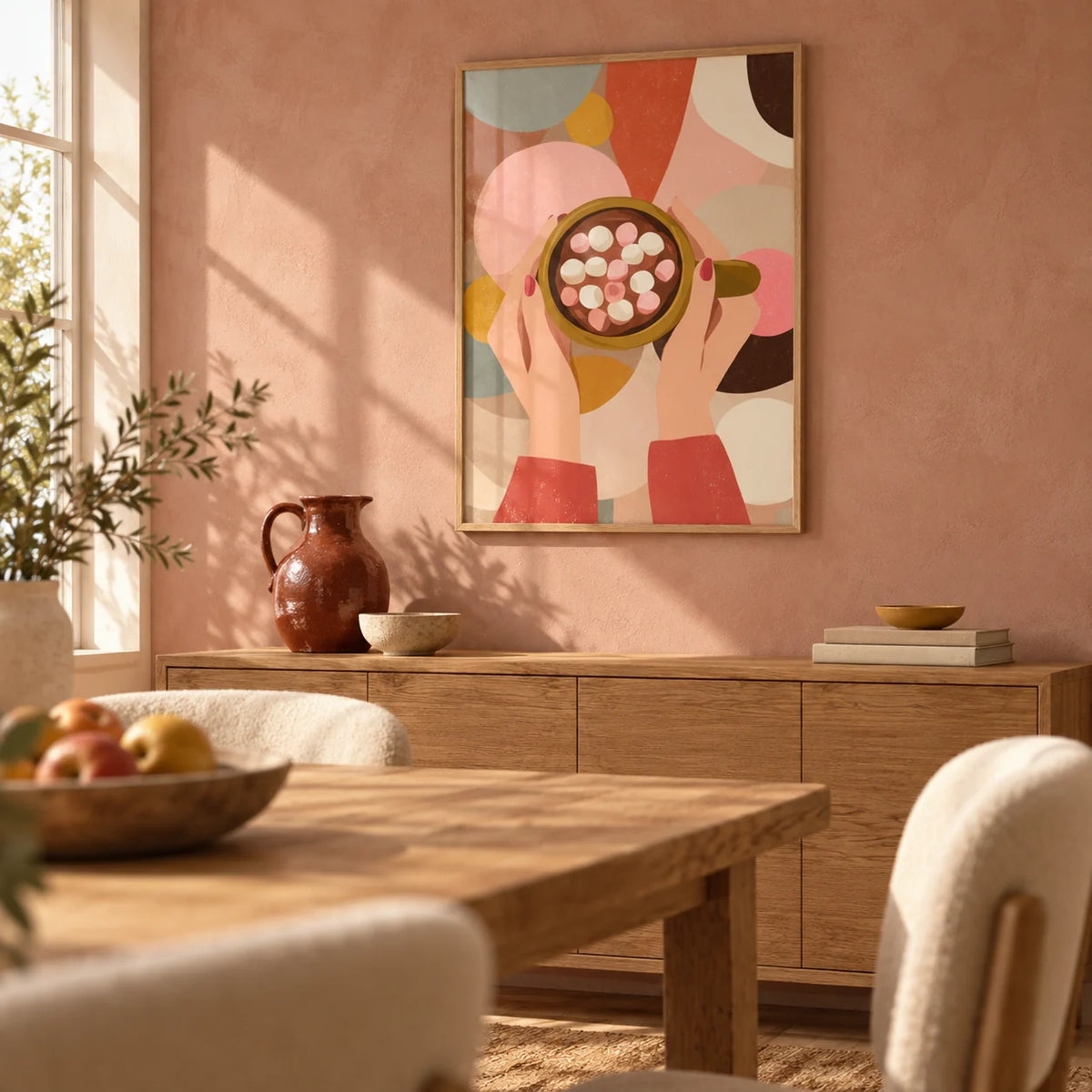Hot Chocolate Wall Art, framed on the wall of a warm dining room with a dusty pink limewashed wall