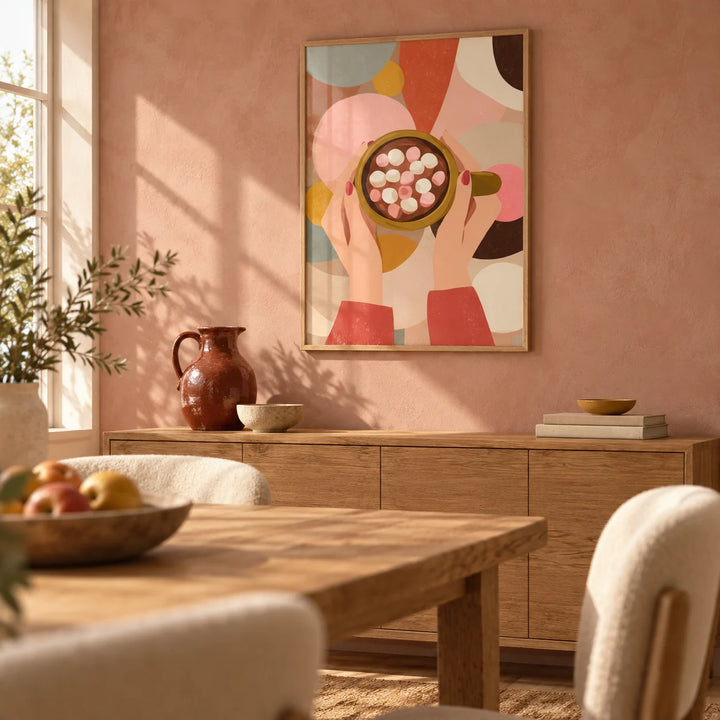 Hot Chocolate Wall Art, framed on the wall of a warm dining room with a dusty pink limewashed wall