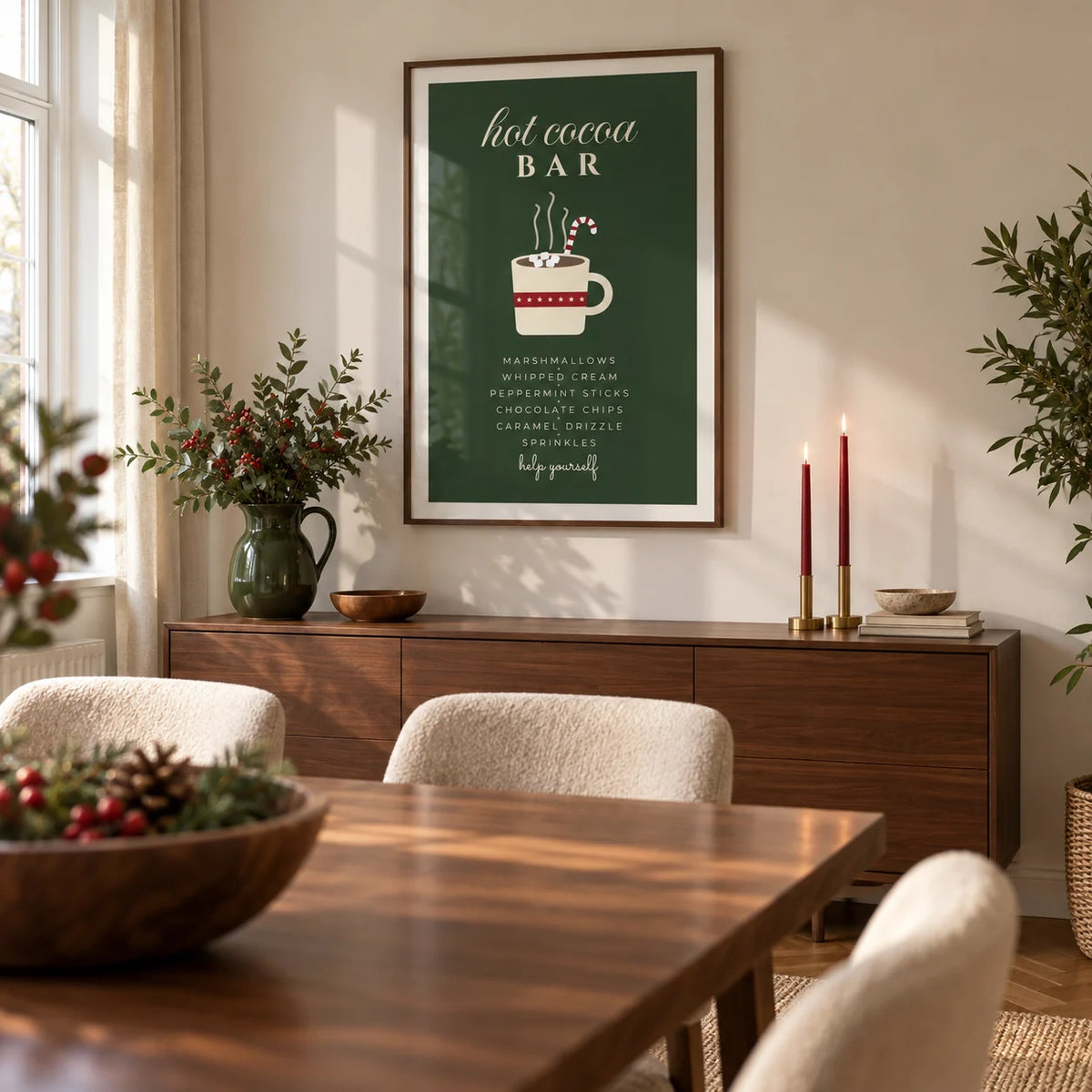 Hot Cocoa Bar Print, framed on the wall of a warm modern dining room in a UK semi-detached home with an ivory wall and a walnut dining table