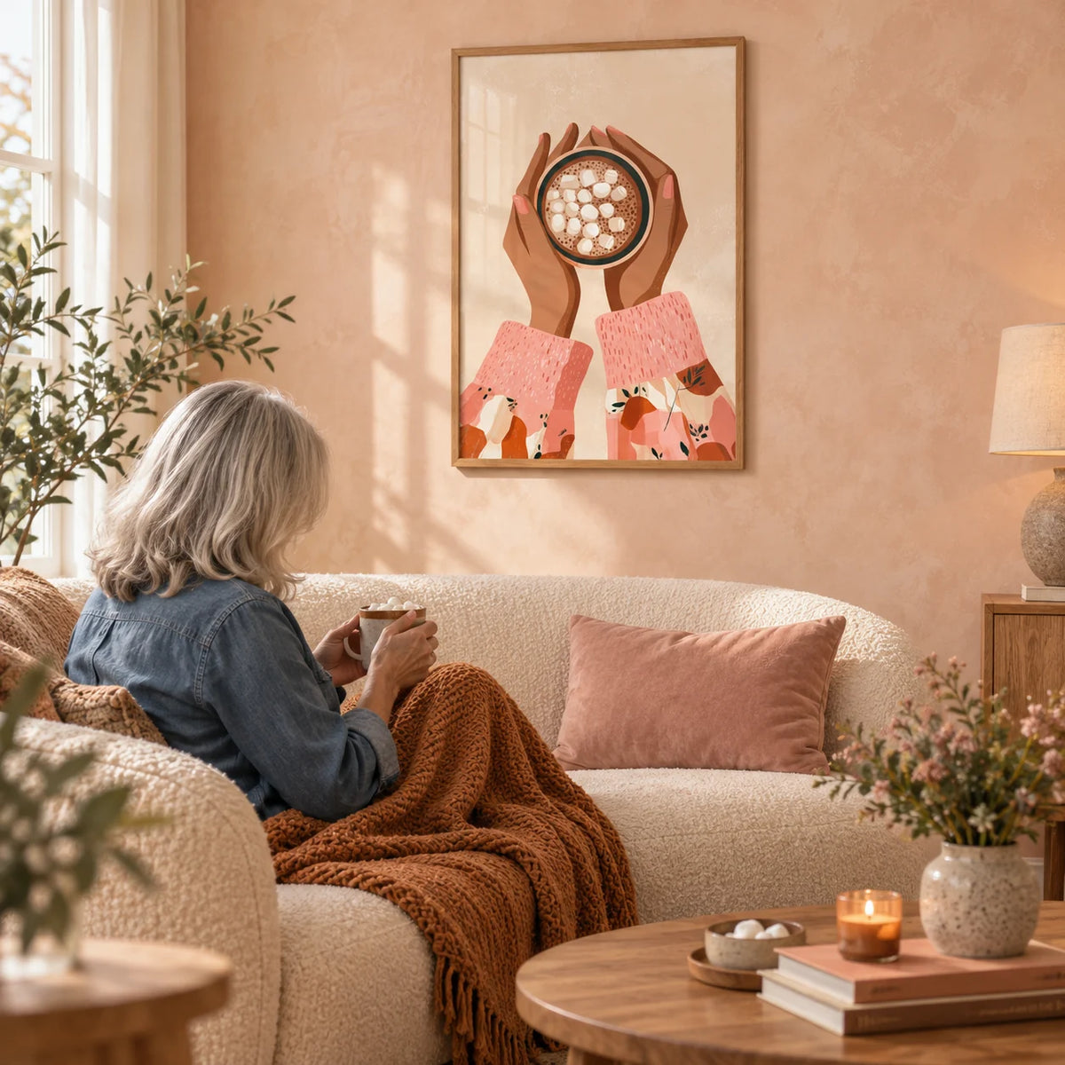 Hot Cocoa Wall Art, framed on the wall of a cosy living room with a peach limewashed wall