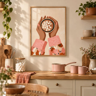 Hot Cocoa Wall Art, framed on the wall of a cosy modern kitchen with a warm cream wall