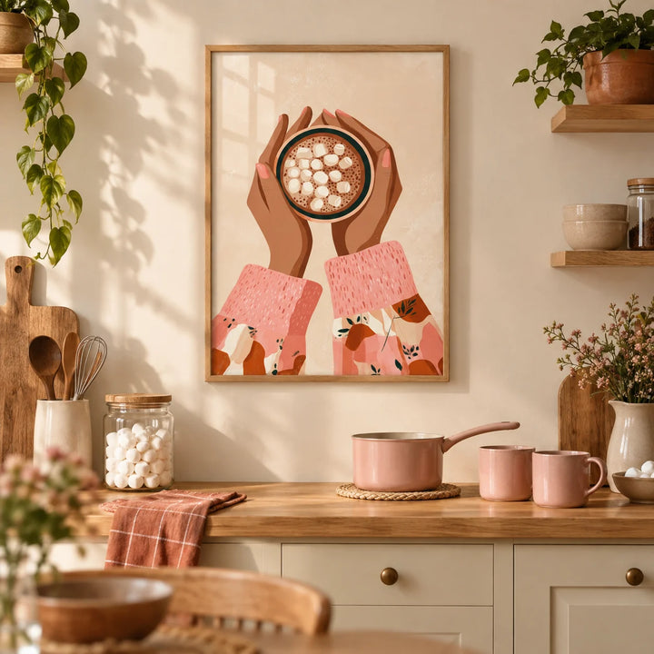 Hot Cocoa Wall Art, framed on the wall of a cosy modern kitchen with a warm cream wall