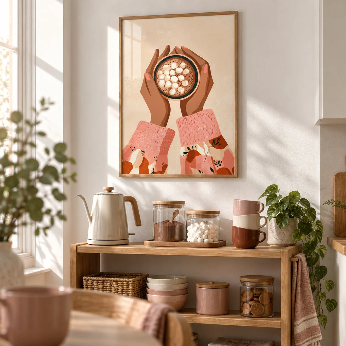 Hot Cocoa Wall Art, framed on the wall of a small hot drinks corner in a kitchen with a white wall